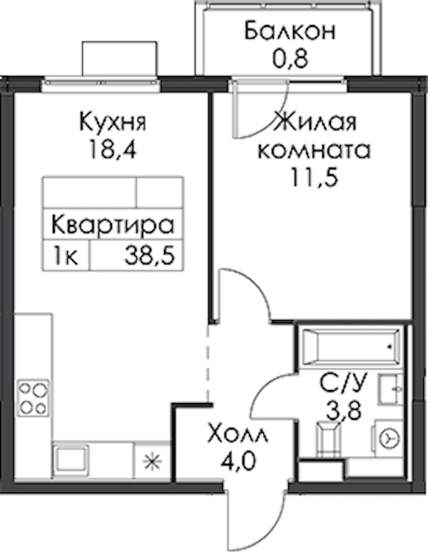 1-комнатная квартира 38.5 м², 23/24 эт., ЖК «Заречный парк»